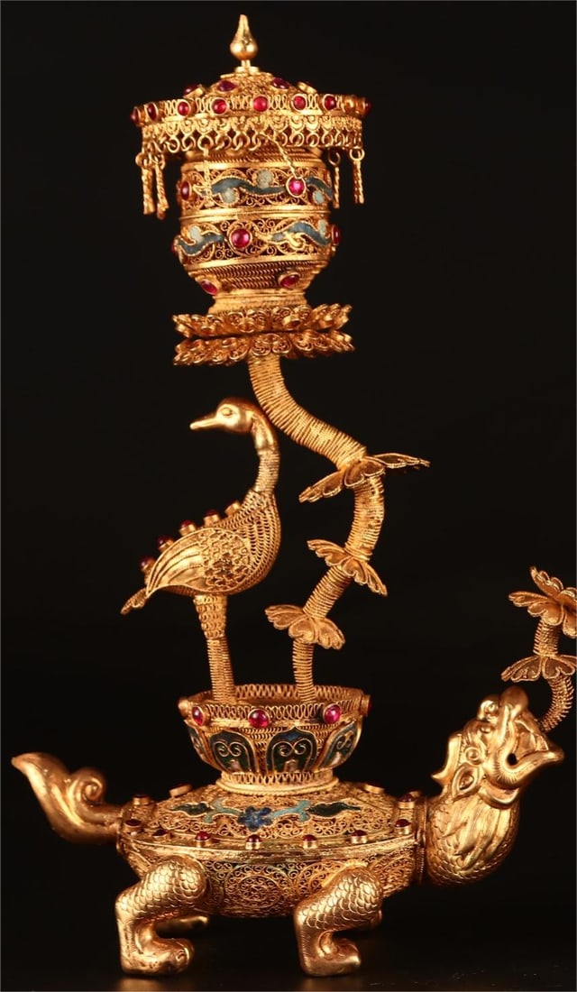 A fine filigree inlaid crane turtle - 2
