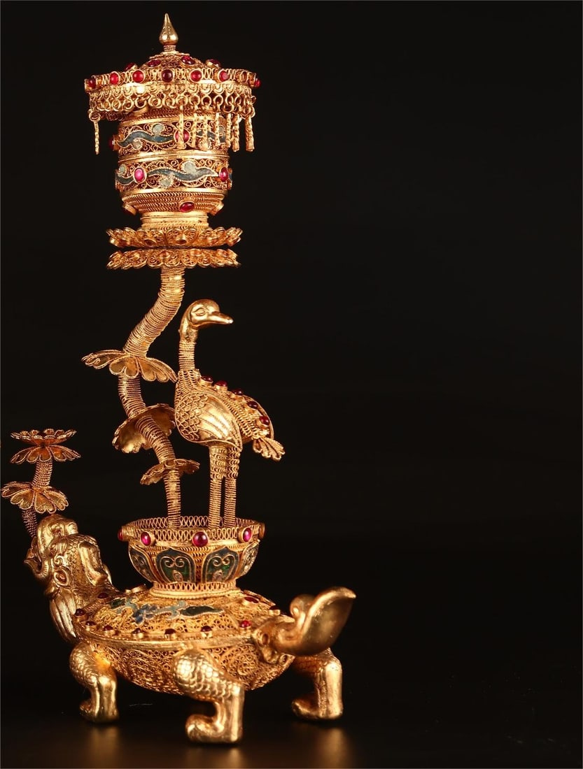 A fine filigree inlaid crane turtle - 3