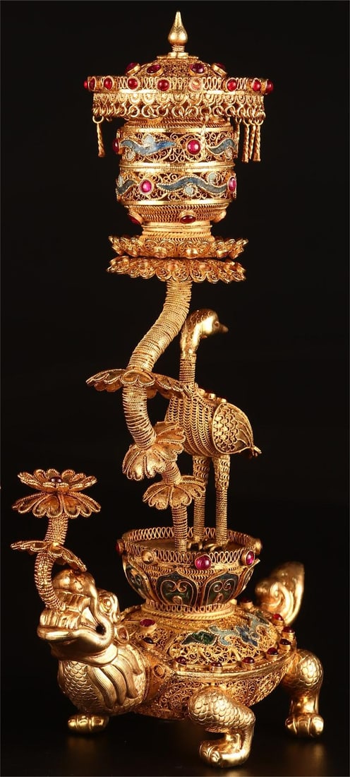 A fine filigree inlaid crane turtle - 4