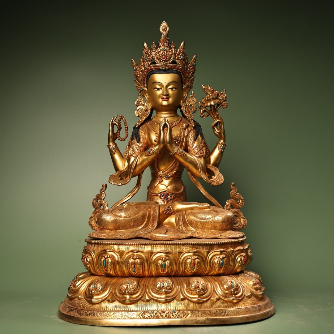 A beautiful pure copper, purple copper, pure copper, pure handmade high-relief engraving, Tibetan: Exquisite pure copper, purple copper, all copper, pure handmade high-relief carving, Tibetan gilded four-wall Guanyin Buddha Size:W:12kg H:57cm W:37cm (The Dimensions Of All Batches Are Manually Measu