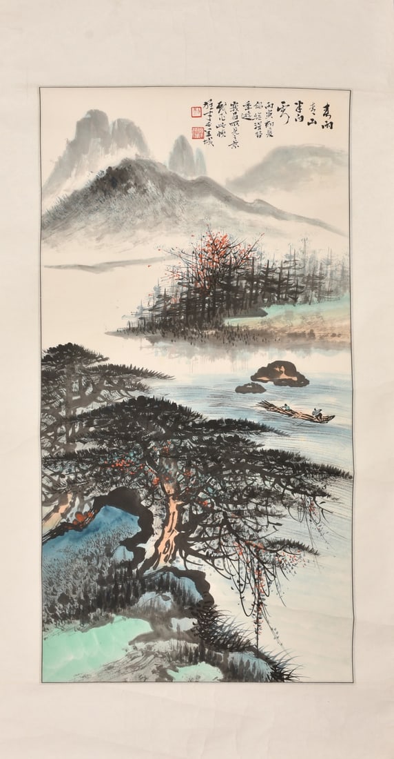 A landscape painting by Li Xiongcai: Li Xiongcai's landscape paintings Size:98x51cm (The Dimensions Of All Batches Are Manually Measured.If You Need More Detailed Information, Please Contact Our Customer Service