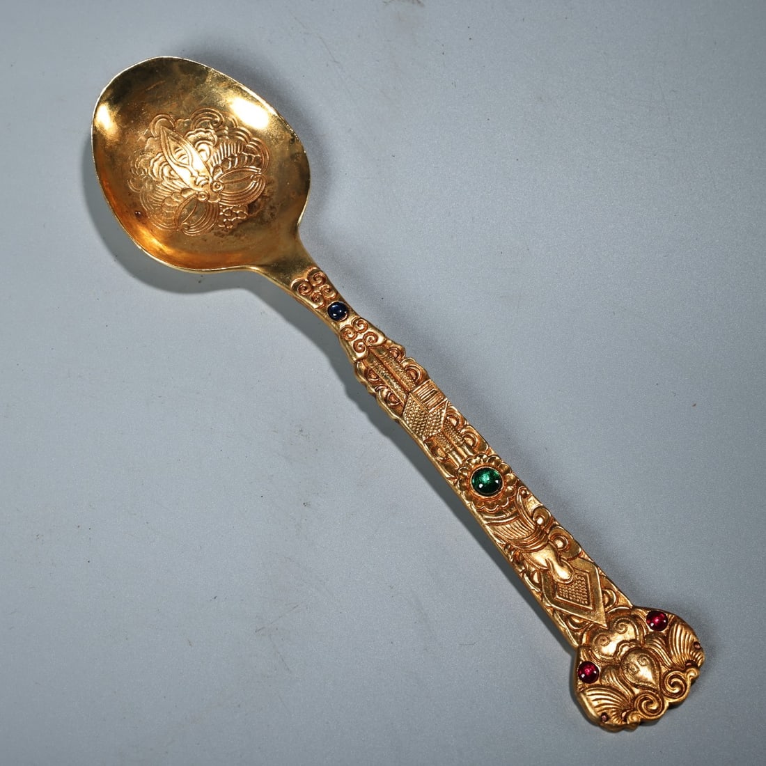 A fine pure copper high relief engraved gilt gold spoon (1 of 7)