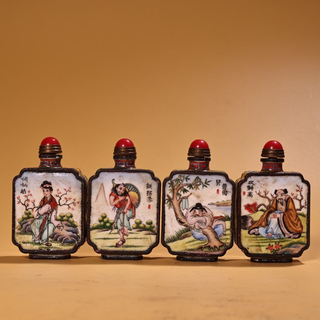 A set of exquisite pure copper cloisonné hand-painted Eight Immortals snuff bottles: Exquisite pure copper cloisonné hand-painted Eight Immortals snuff bottle Size:W:80g H:7cm W:4.4cm T:1.7cm (The Dimensions Of All Batches Are Manually Measured.If You Need More