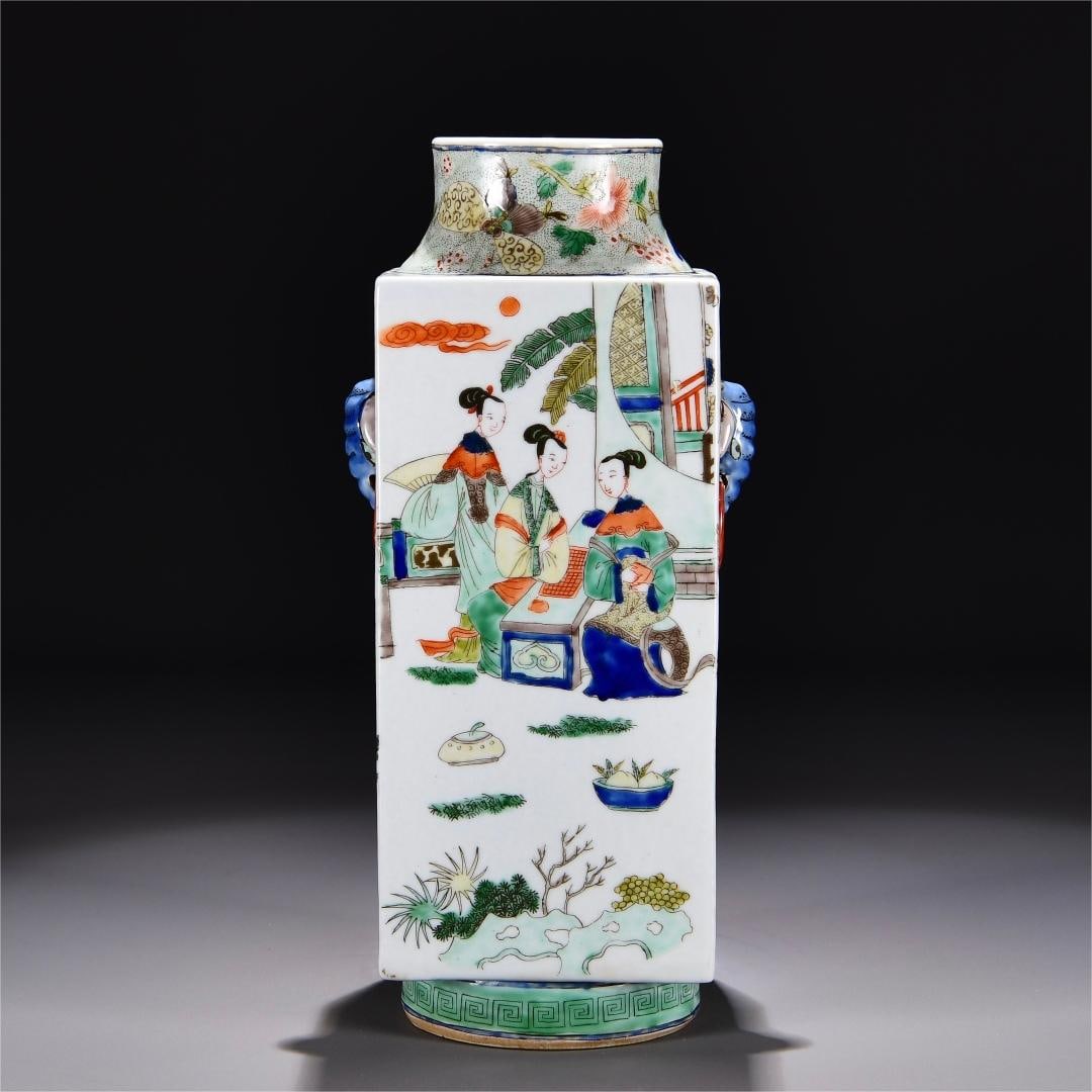 A colorful outing Tucong-style bottle made in the Kangxi Dynasty of the Qing Dynasty: Qing Dynasty Kangxi year colorful outing picture cong-style bottle Size:H:36cm W:16cm (The Dimensions Of All Batches Are Manually Measured.If You Need More Detailed Information,