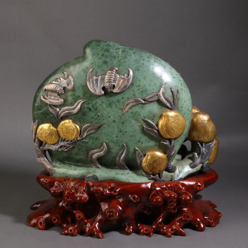 A beautiful silver-gilt Hetian jasper Fulu Shou peach study ornament (1 of 9)