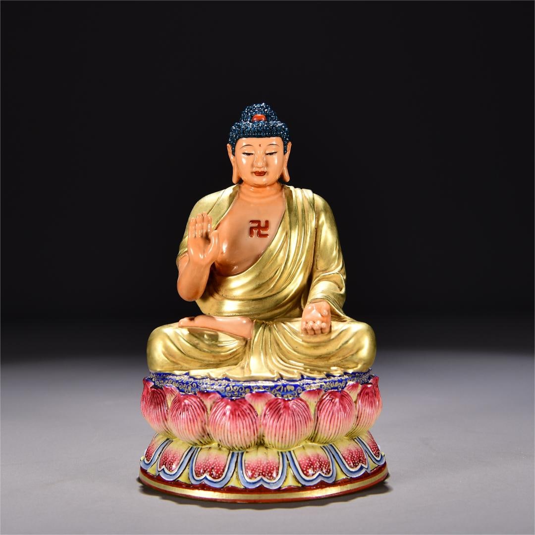 A seated statue of Shakyamuni Buddha made in the Qianlong period of the Qing Dynasty: Qing Dynasty Qianlong year enamel gilt Shakyamuni Buddha lotus pedestal statue Size:H:17cm W:13cm (The Dimensions Of All Batches Are Manually Measured.If You Need More Detailed
