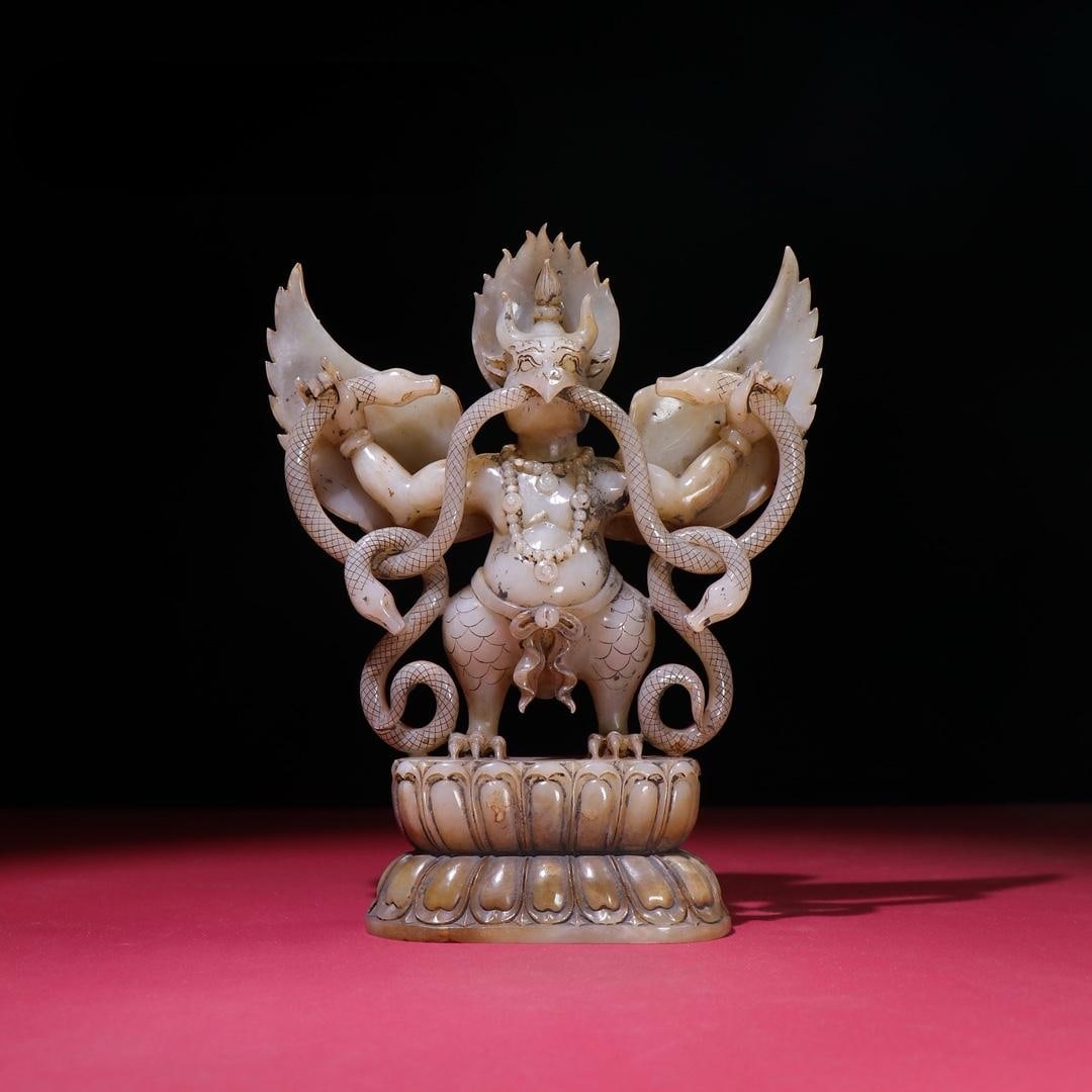 A beautiful Hetian white jade roc bird ornament: Exquisite Hetian white jade roc bird ornament Size:220x183x57mm W:1287g (The Dimensions Of All Batches Are Manually Measured.If You Need More Detailed Information, Please Contact