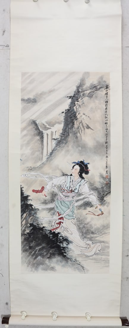 A vertical scroll on paper by Xu Cao: Xu Cao's paper vertical axis Size:129x58cm (The Dimensions Of All Batches Are Manually Measured.If You Need More Detailed Information, Please Contact Our Customer Service Before