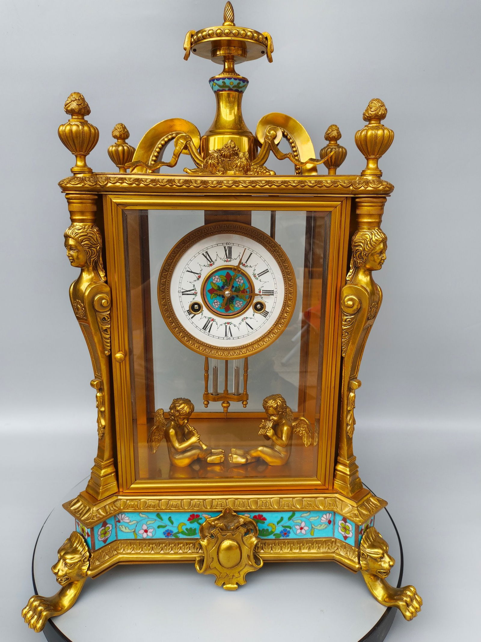 A beautiful double angel four-pillar beauty carved gilt table clock (1 of 9)