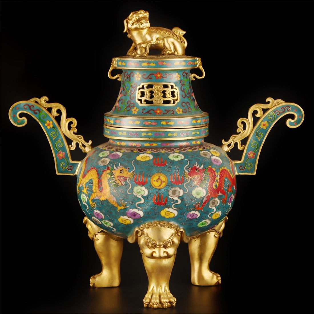 A copper-gilt Jingtai basket three-legged incense burner from the Qing Dynasty: Qing Dynasty's copper gilt Jingtai basket three-legged incense burner Size:W:6997g H:46cm W:45cm (The Dimensions Of All Batches Are Manually Measured.If You Need More Detailed