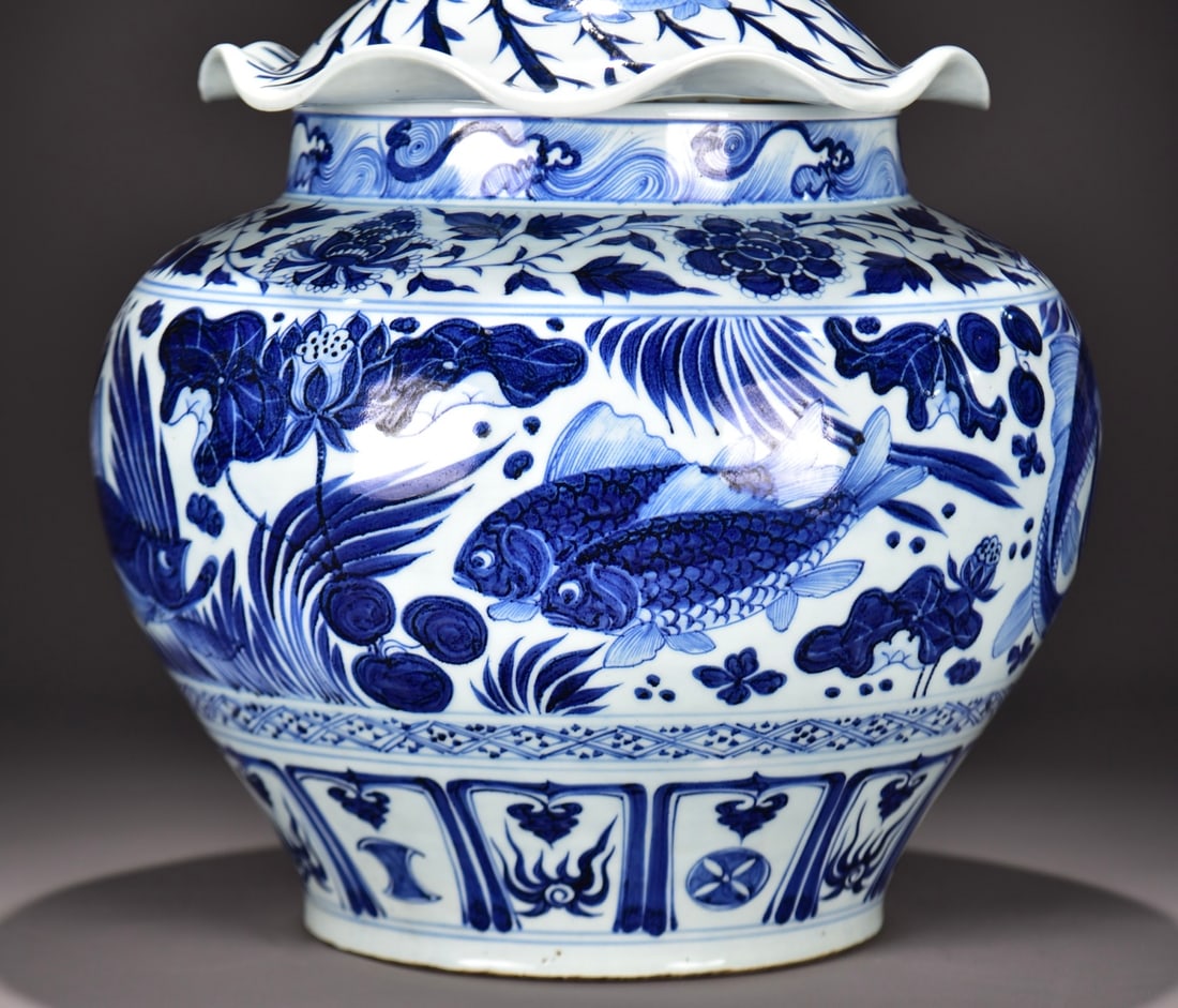A Yuan Dynasty mackerel algae pattern lotus leaf lid jar - 6
