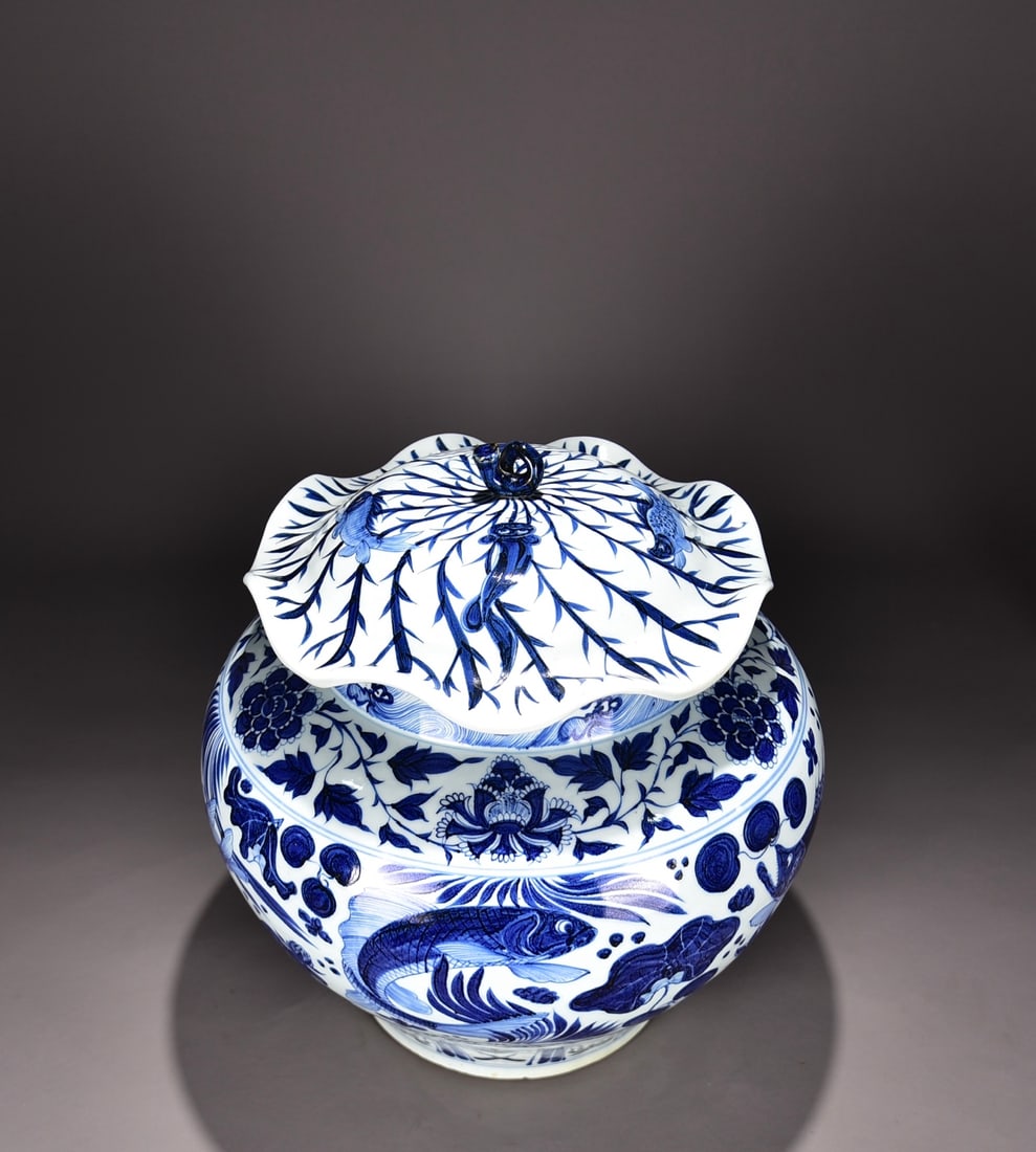 A Yuan Dynasty mackerel algae pattern lotus leaf lid jar - 8