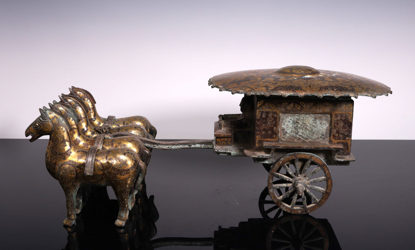 A Han Dynasty copper gold and silver horse-drawn carriage (1 of 11)