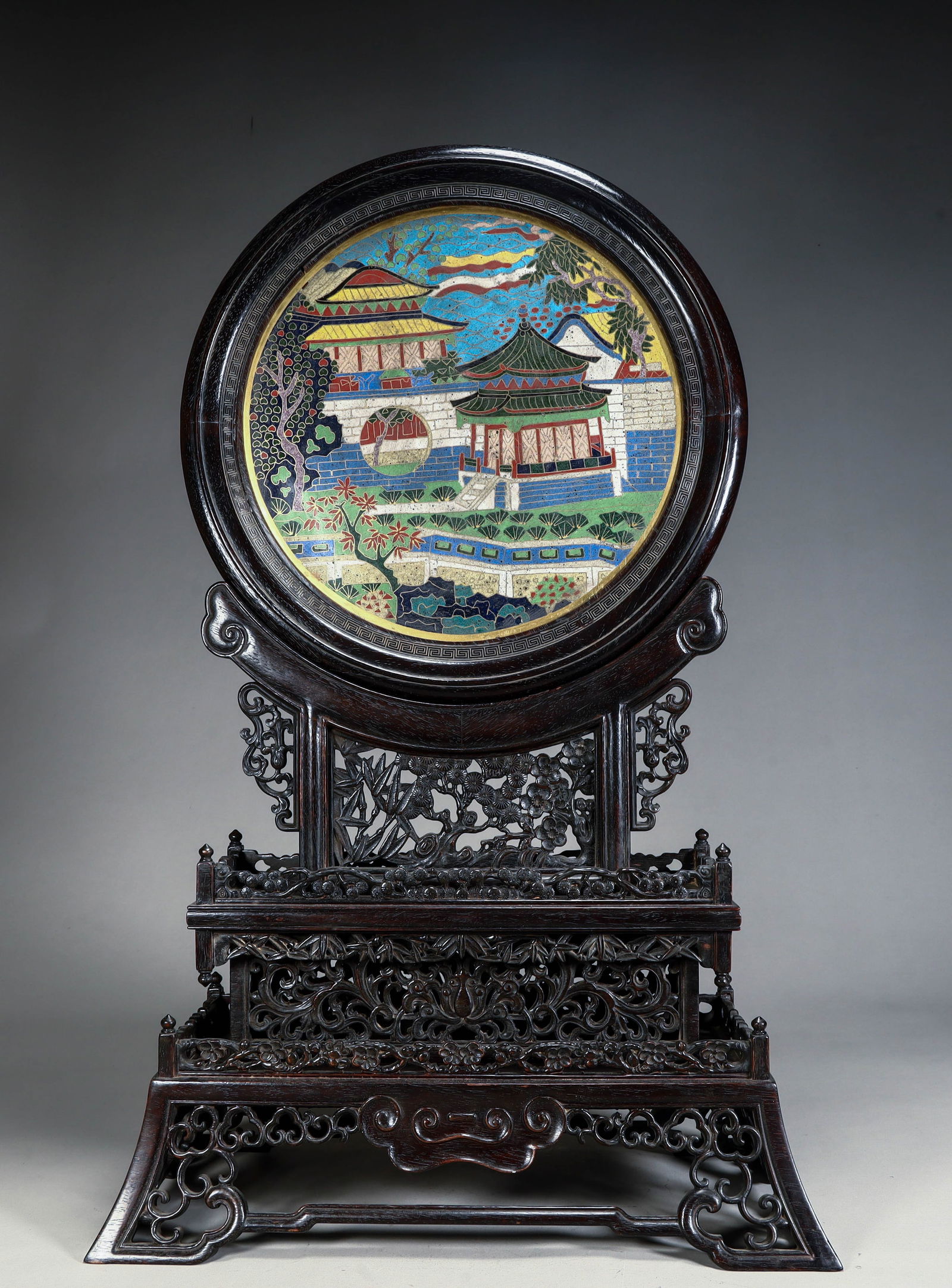 A round screen with a mahogany seat cloisonné enamel landscape pavilion pattern in the Qing Dynasty (1 of 12)
