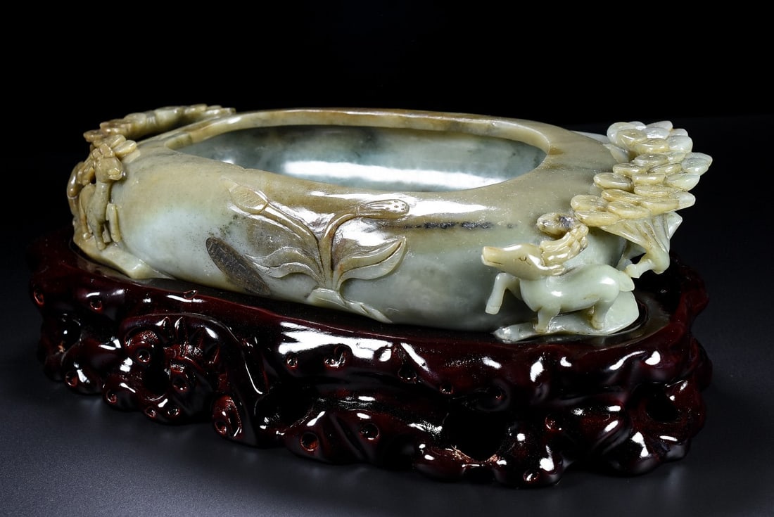 An Exquisite White Jade Deer Pattern Pine Pattern Brush Washer - 3