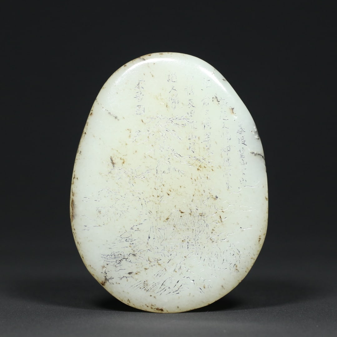 An Exquisite White Jade Landscape and Figure Pattern with poem Hand Piece: An Exquisite White Jade Landscape and Figure Pattern with poem Hand Piece Qing Dynasty, China Size:11.4cmx8.6cmx2cm Weight:323.8g (The Dimensions Of All Batches Are Manually Measured.If You Need