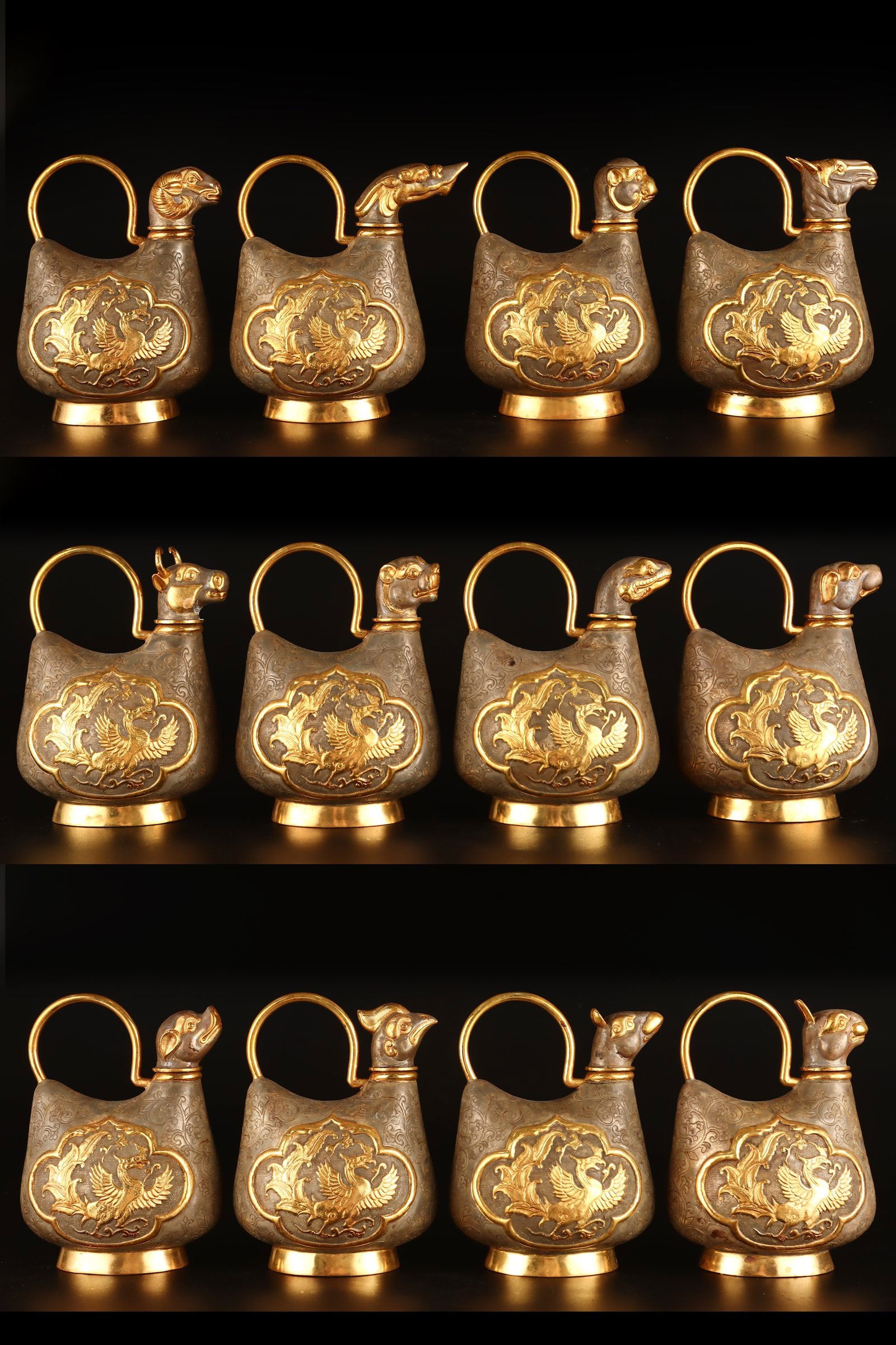A Set of Fine Gilt Bronze Phoenix Pattern Auspicious Beast Ewer: A Set of Fine Gilt Bronze Phoenix Pattern Auspicious Beast Ewer Tang Dynasty, China Zhenguan Four-character Mark Size:17cmx12cm Weight:720g (The Dimensions Of All Batches Are Manually Measured.If