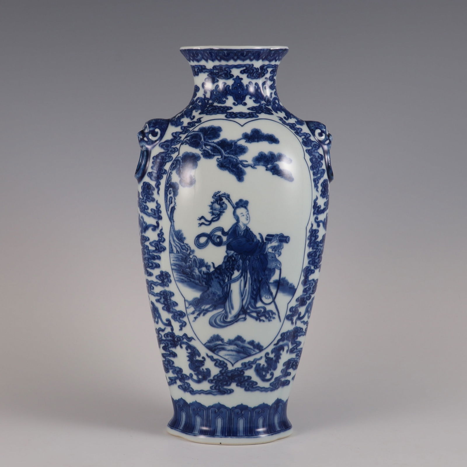 An Exquisite Blue and White Character and Story Pattern Double-Ears Vase: An Exquisite Blue and White Character and Story Pattern Double-Ears Vase Qing Dynasty, China Yongzheng Six-character Mark Size:36.2cmx17cm (The Dimensions Of All Batches Are Manually Measured.If