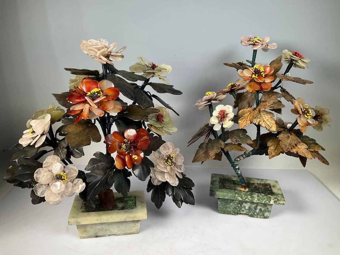 A Pair of Exquisite Serpentine Jade Flower Pattern Bonsai (1 of 7)