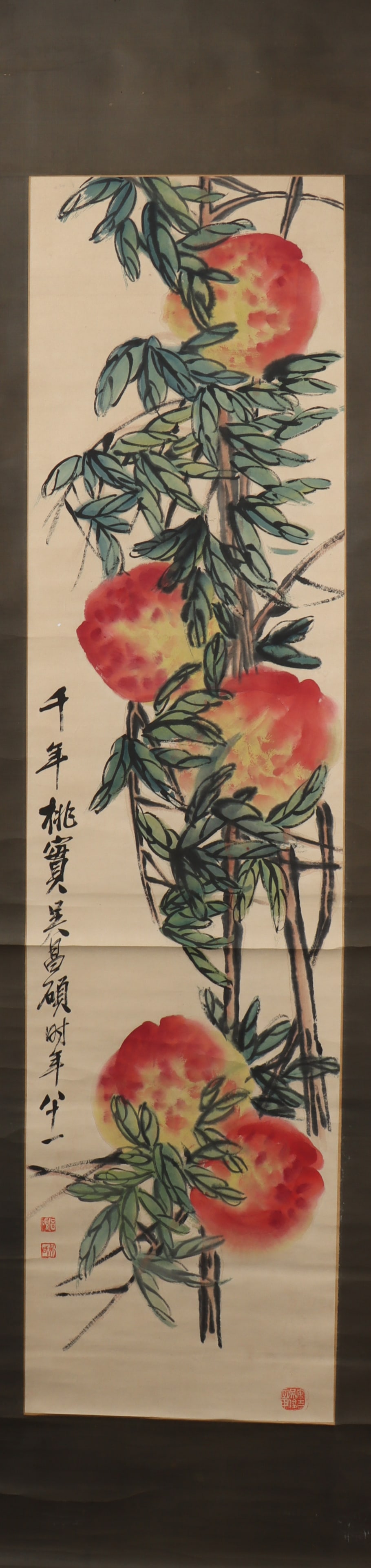 A Chinese Vertical Scroll Ink Painting of Peach on Paper: A Chinese Vertical Scroll Ink Painting of Peach on Paper Qi baishi Size:136cmx34cm (The Dimensions Of All Batches Are Manually Measured.If You Need More Detailed Information, Please Contact Our