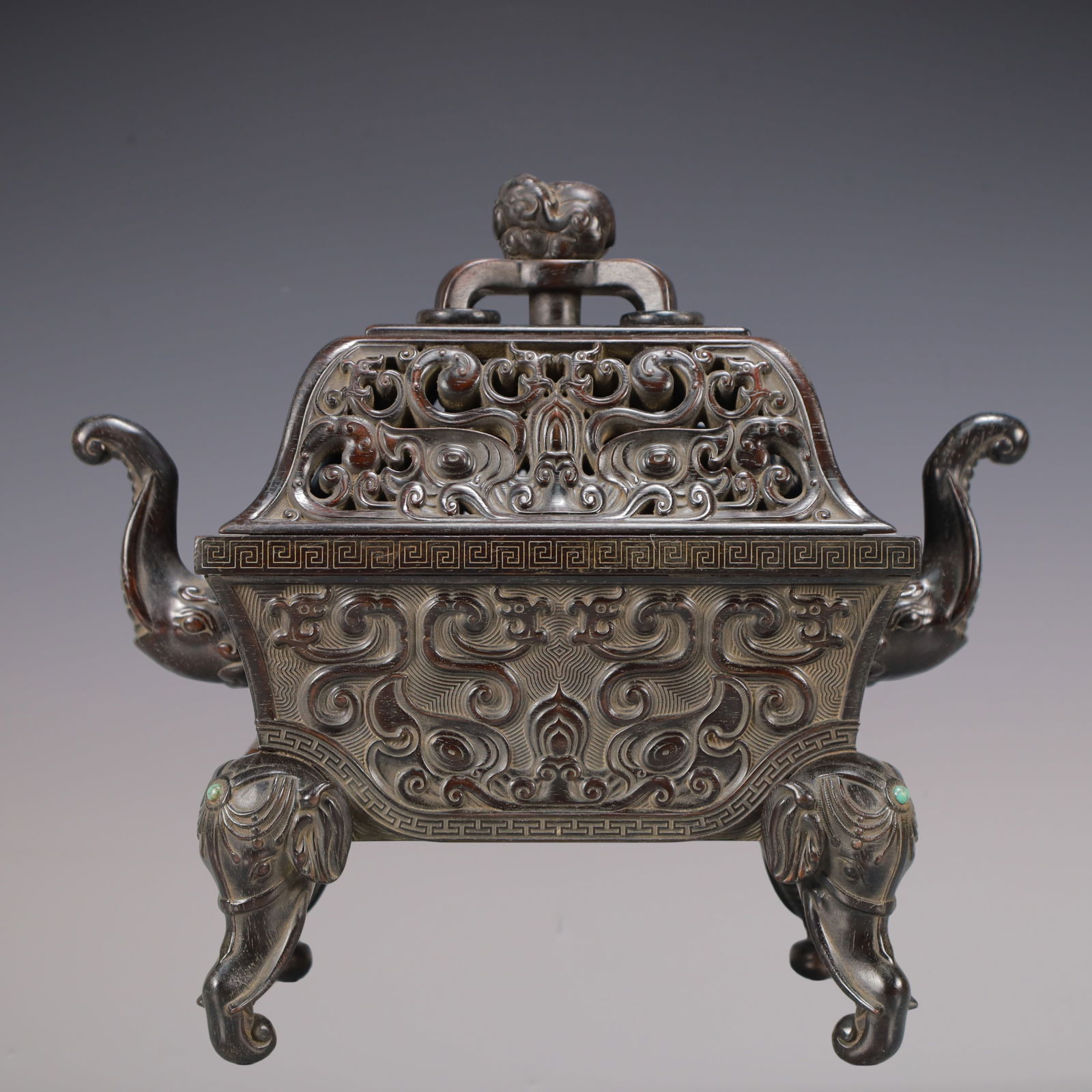 A Exquisite Zitanwood Beast-Face Pattern Double-Ears Censer: A Exquisite Zitanwood Beast-Face Pattern Double-Ears Censer Qing Dynasty, China Qianlong Six-character Mark Size:27cmx14cmx24.6cm Weight:1000g (The Dimensions Of All Batches Are Manually
