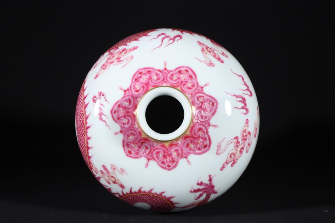 An Exquisite Ruby Red-Glazed Painted Gold Seawater Pattern Dragon Pattern Vase - 8