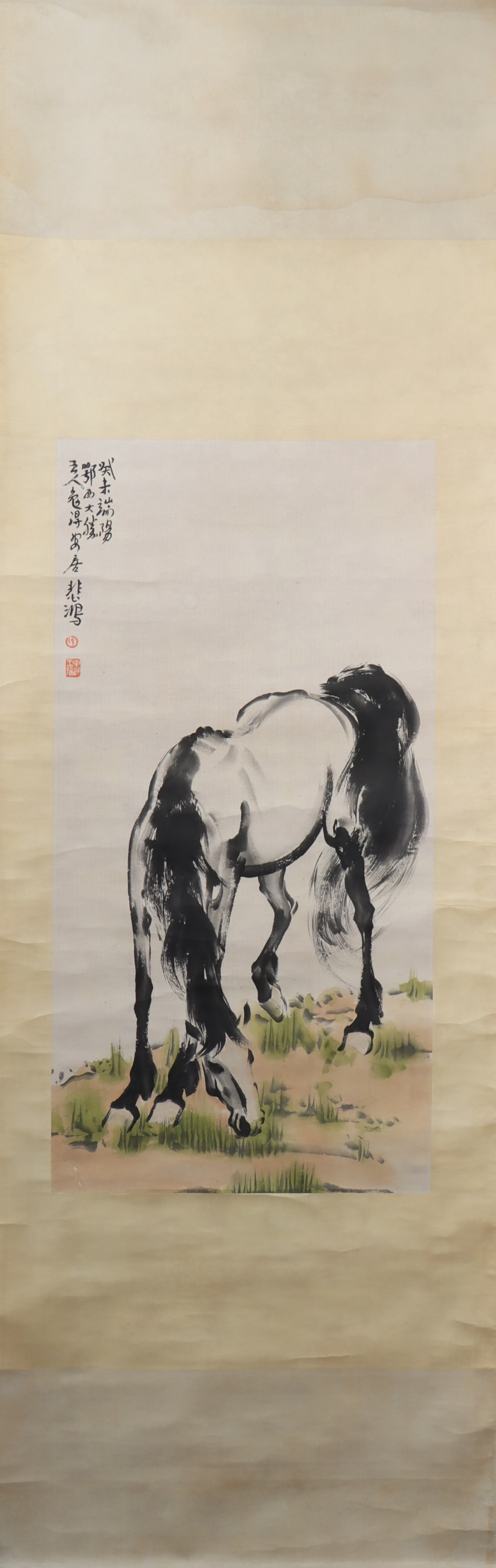 A Chinese Vertical Scroll Ink Painting of Horse on Paper: A Chinese Vertical Scroll Ink Painting of Horse on Paper Xu beihong Size:87cmx44cm (The Dimensions Of All Batches Are Manually Measured.If You Need More Detailed Information, Please Contact Our