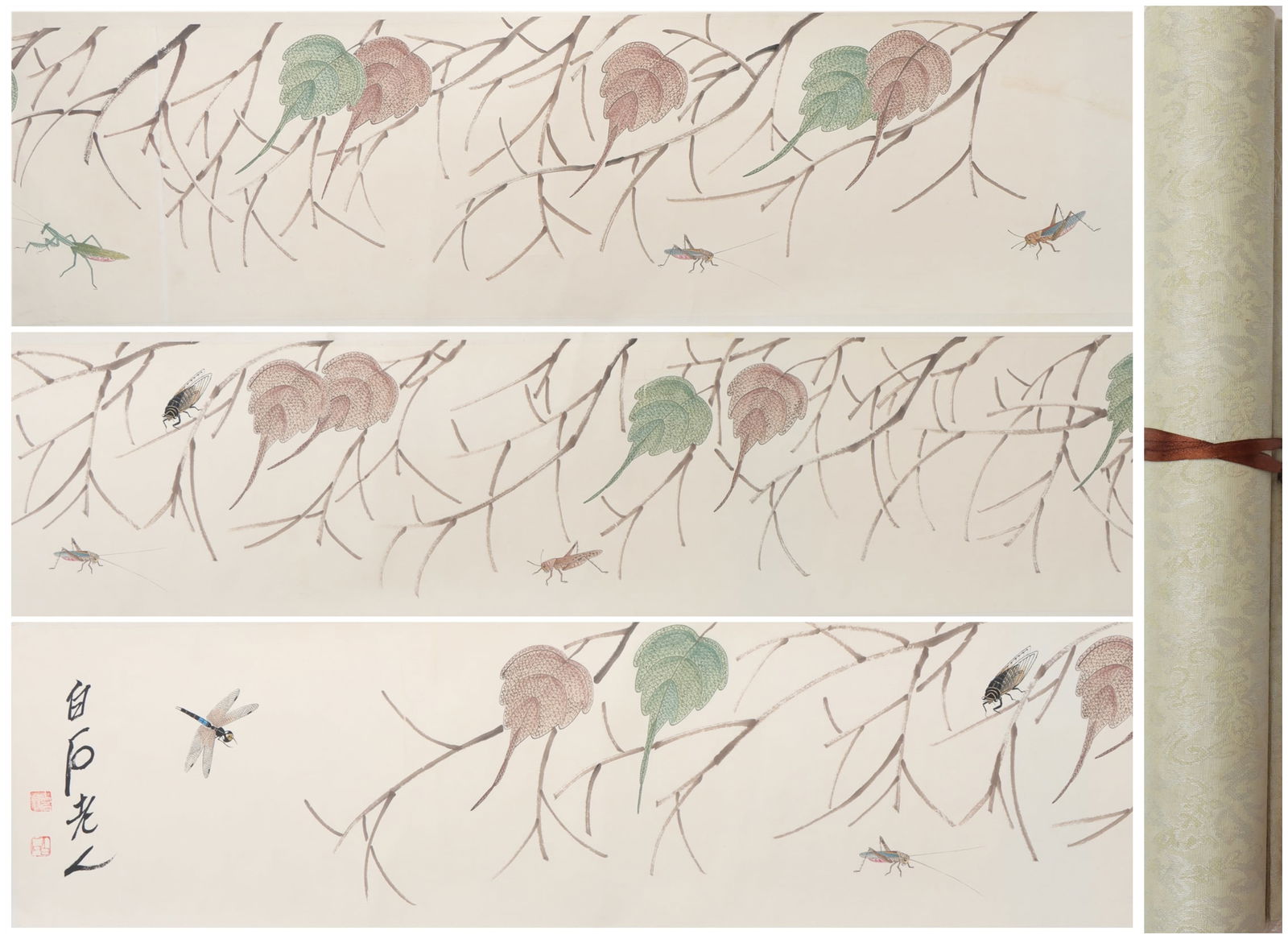 A Chinese Hand Scroll Ink Painting of Insect on Paper: A Chinese Hand Scroll Ink Painting of Insect on Paper Qi baishi Size:293cmx28cm (The Dimensions Of All Batches Are Manually Measured.If You Need More Detailed Information, Please Contact Our