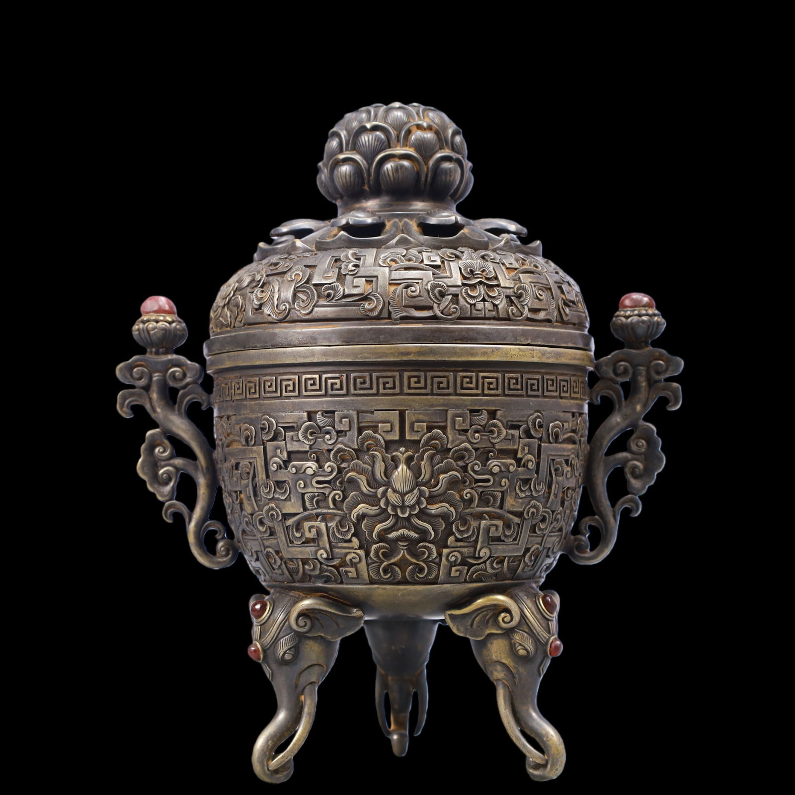 A Exquisite Silver Inlaid Gems Lotus Pattern Double-Ears and Tripod Censer: A Exquisite Silver Inlaid Gems Lotus Pattern Double-Ears and Tripod Censer Ming Dynasty, China Size:18cmx13cmx22cm Weight:1650g (The Dimensions Of All Batches Are Manually Measured.If You Need More