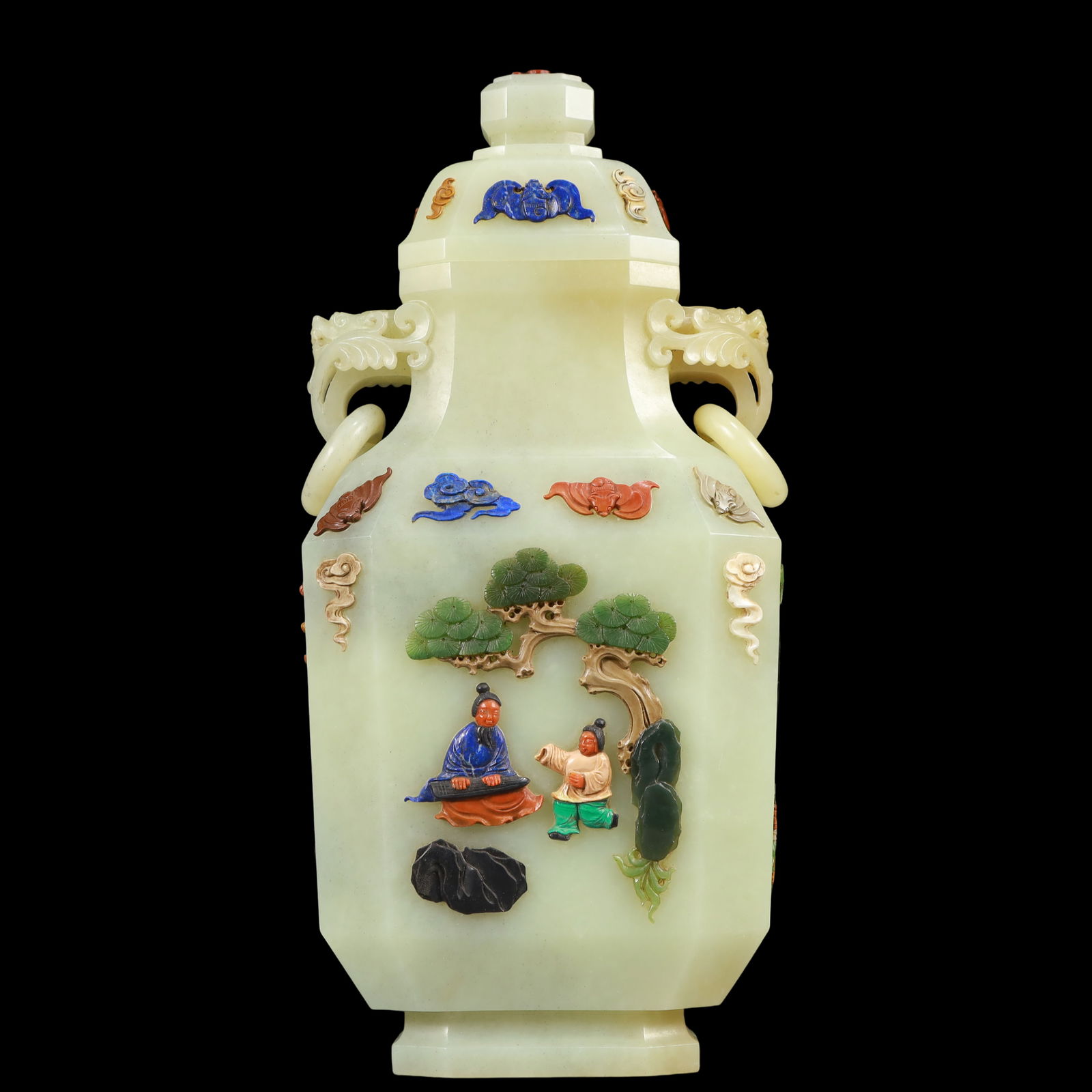 A Exquisite White Jade Inlaid Gems Character and Story Pattern Double-Ears Vase: A Exquisite White Jade Inlaid Gems Character and Story Pattern Double-Ears Vase Qing Dynasty, China Qianlong Four-character Mark Size:18cmx7cmx29cm Weight:1850g (The Dimensions Of All Batches Are
