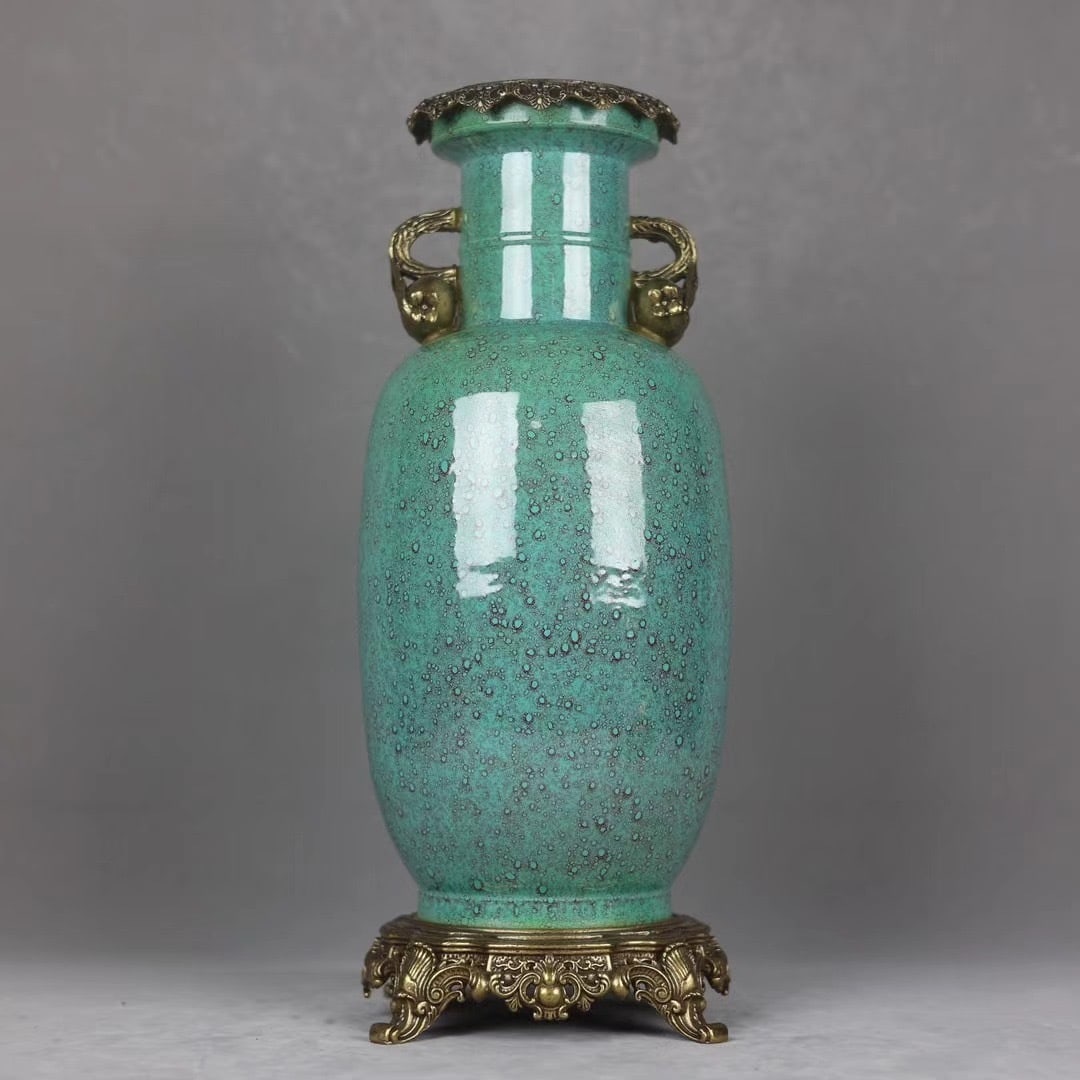 An Exquisite Robin's-Egg-Glazed Inlaid Bronze Double-Ears Vase: An Exquisite Robin's-Egg-Glazed Inlaid Bronze Double-Ears Vase Qing Dynasty, China Qianlong Six-character Mark Size:44cmx16cm (The Dimensions Of All Batches Are Manually Measured.If You Need More