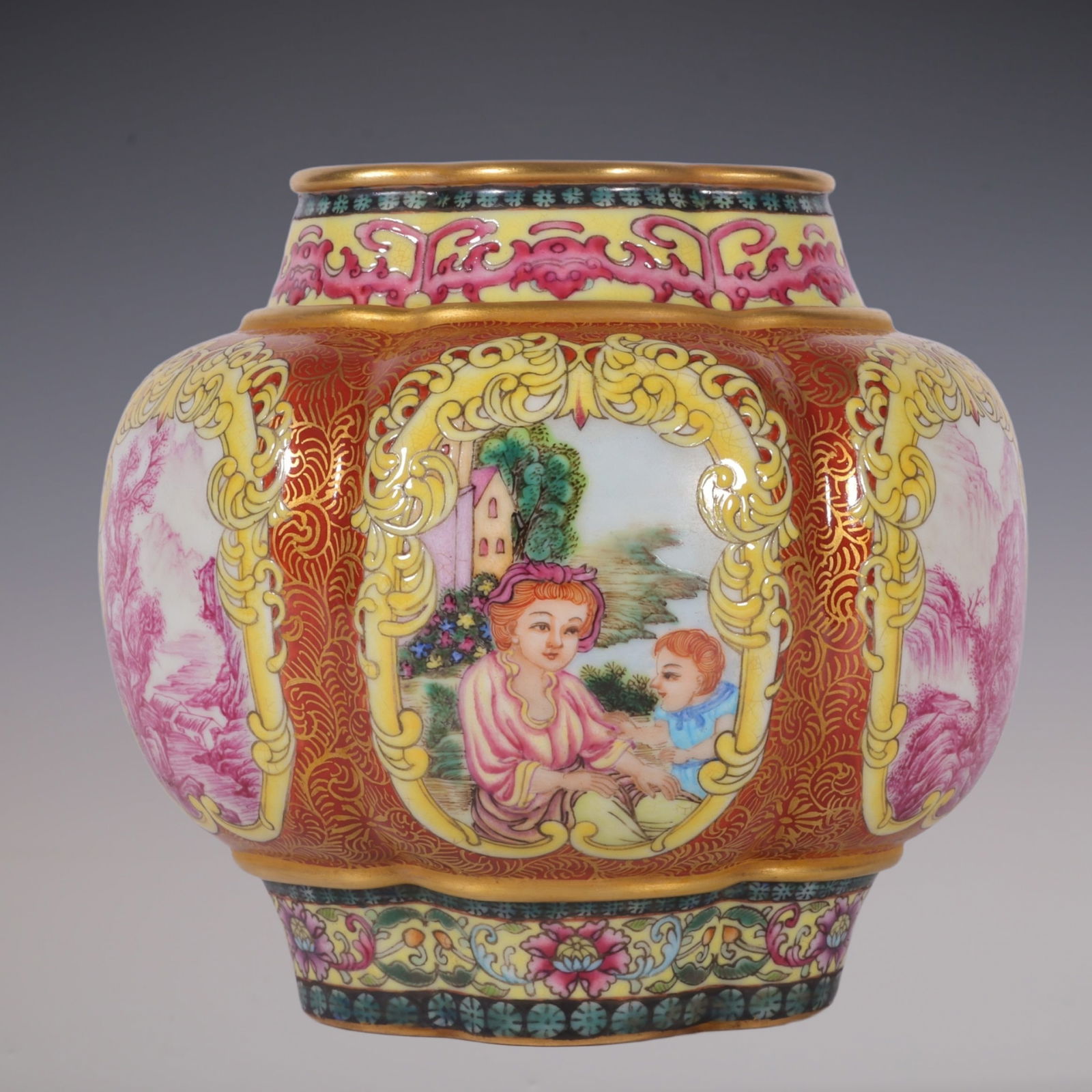 An Exquisite Enamel Painted Gold Lotus Pattern Landscape and Figure Pattern Jar (1 of 8)