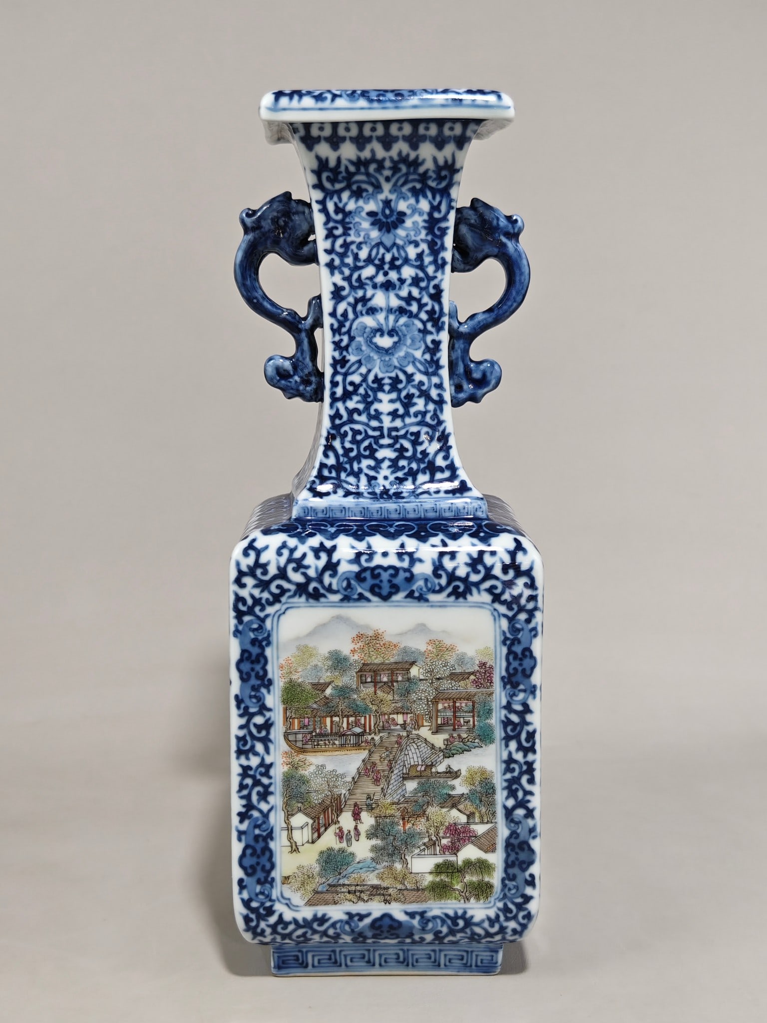 An Exquisite Famille-Rose Blue and White Lotus Pattern Landscape and Figure Pattern Double-Ears Vase: An Exquisite Famille-Rose Blue and White Lotus Pattern Landscape and Figure Pattern Double-Ears Vase Qing Dynasty, China Qianlong Six-character Mark Size:30cmx10.5cm (The Dimensions Of All Batches