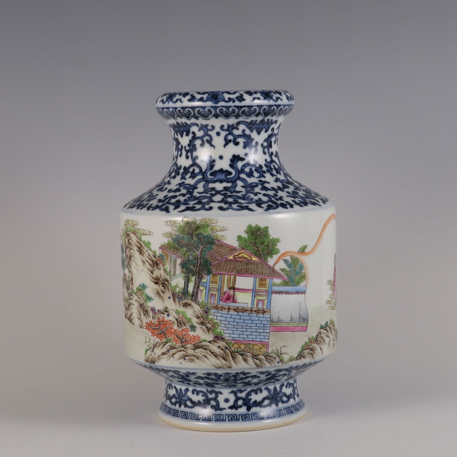 An Exquisite Famille-Rose Blue and White Lotus Pattern Character and Story Pattern Vase: An Exquisite Famille-Rose Blue and White Lotus Pattern Character and Story Pattern Vase Qing Dynasty, China Qianlong Six-character Mark Size:28.5cmx18cm (The Dimensions Of All Batches Are Manually