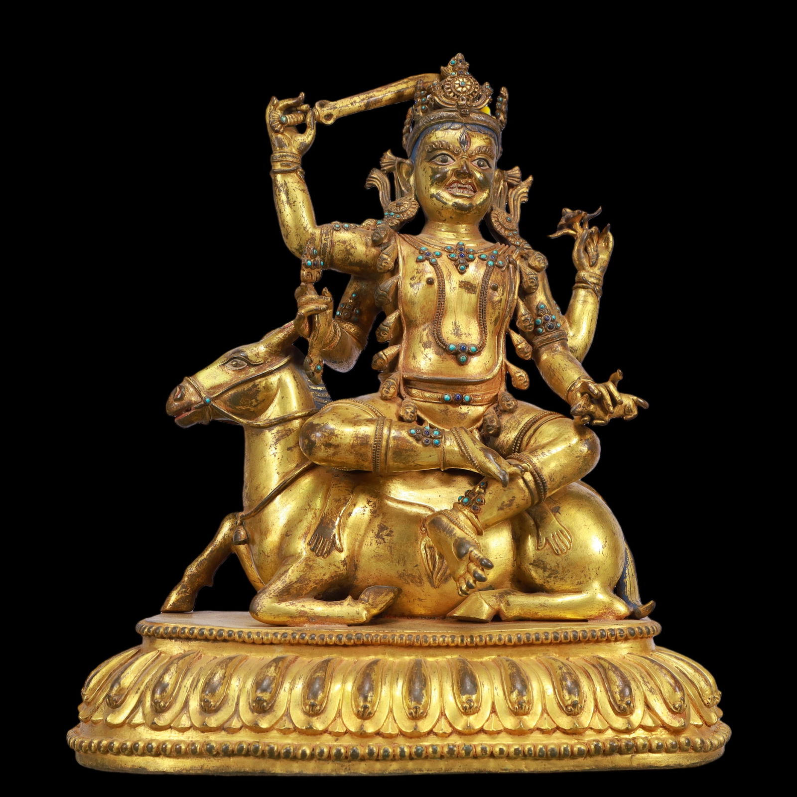 A Exquisite Gilt Bronze Inlaid Gems Statue of Mammon: A Exquisite Gilt Bronze Inlaid Gems Statue of Mammon Ming Dynasty, China Size:37cmx21cmx42cm Weight:11450g (The Dimensions Of All Batches Are Manually Measured.If You Need More Detailed