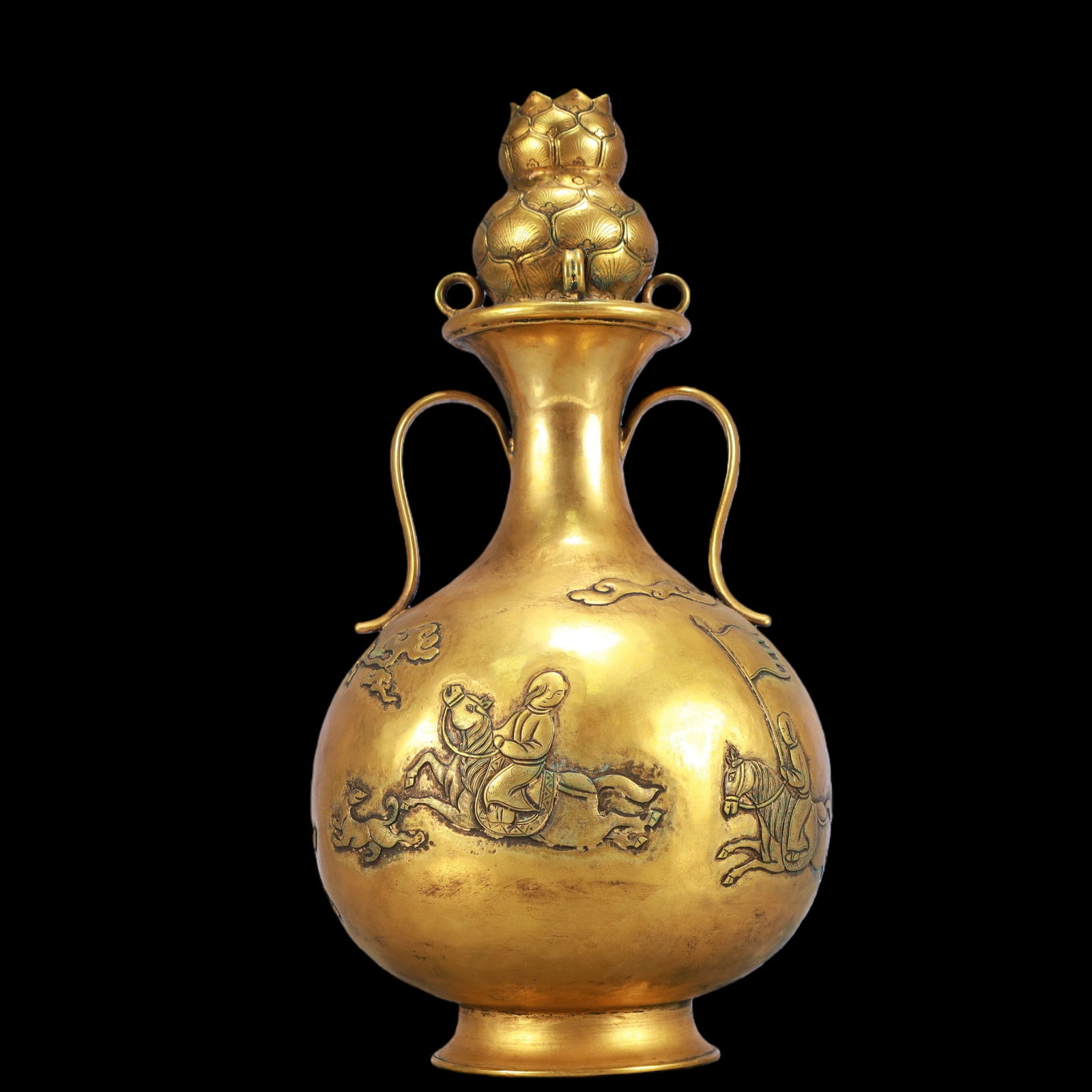 A Exquisite Gilt Bronze Character and Story Pattern with poem Double-Ears Vase: A Exquisite Gilt Bronze Character and Story Pattern with poem Double-Ears Vase Qing Dynasty, China Size:15cmx28cm Weight:900g (The Dimensions Of All Batches Are Manually Measured.If You Need More
