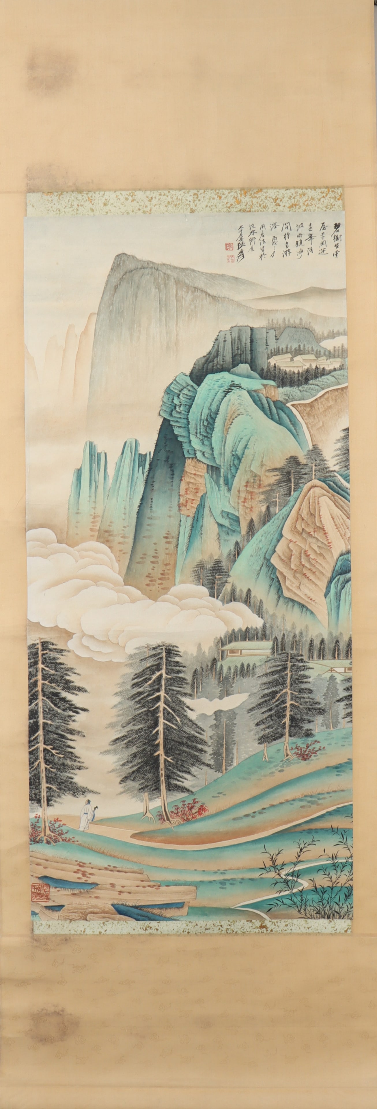 A Chinese Vertical Scroll Ink Painting of Landscape and Figure on Paper: A Chinese Vertical Scroll Ink Painting of Landscape and Figure on Paper Zhang daqian Size:90cmx41cm (The Dimensions Of All Batches Are Manually Measured.If You Need More Detailed Information,