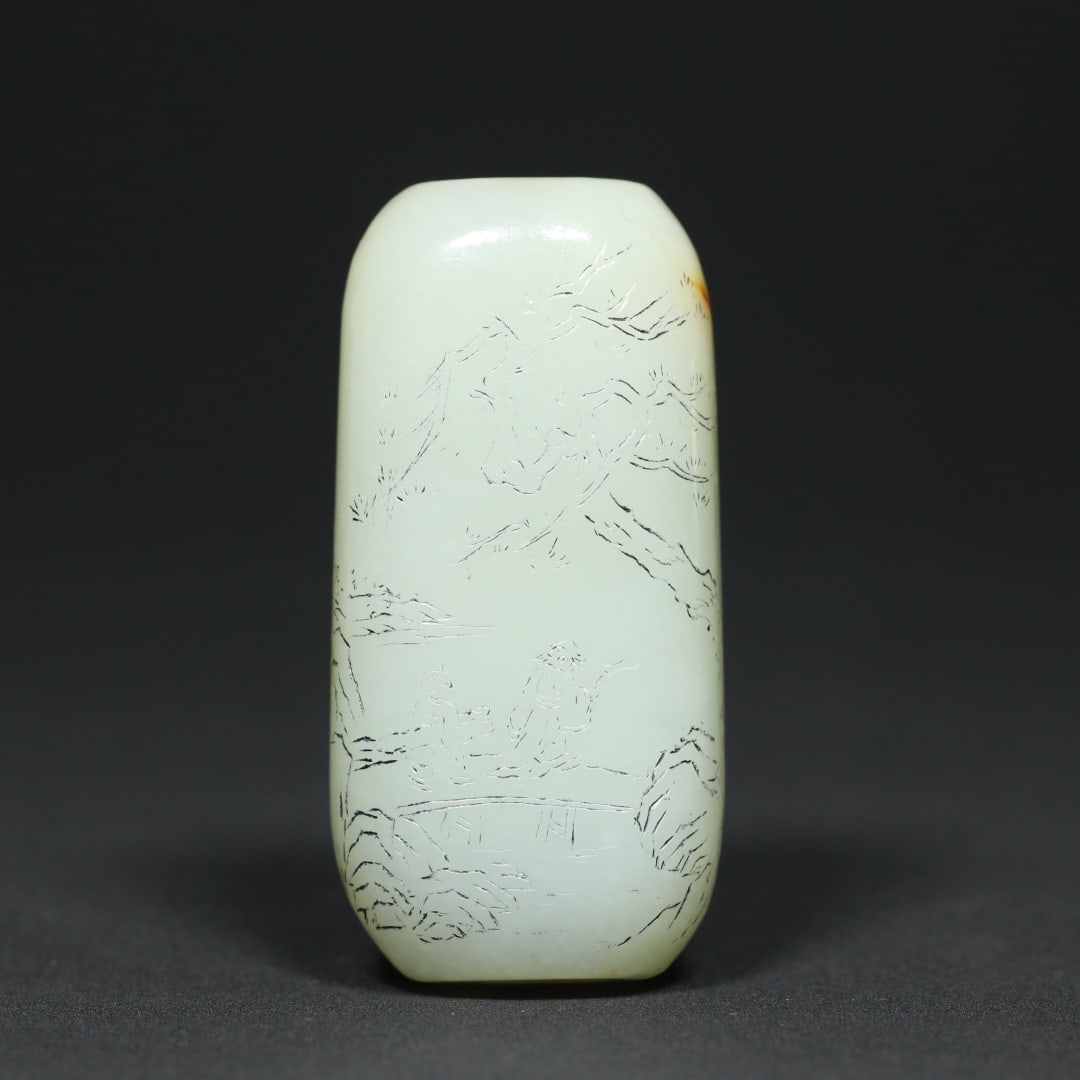 An Exquisite White Jade Landscape and Figure Pattern with poem Hand Piece: An Exquisite White Jade Landscape and Figure Pattern with poem Hand Piece Qing Dynasty, China Size:6.7cmx3.3cmx2.2cm Weight:109.8g (The Dimensions Of All Batches Are Manually Measured.If You Need