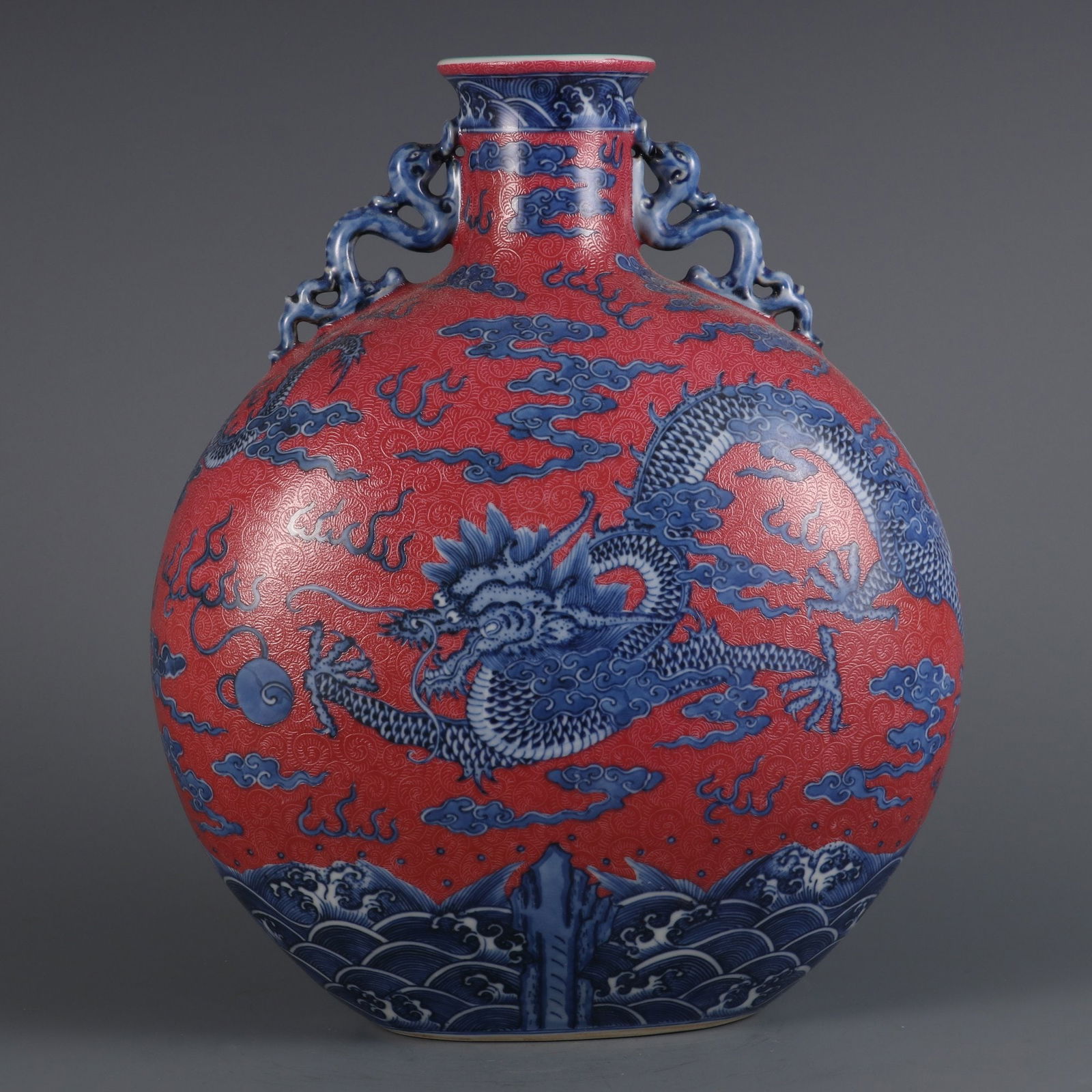 A Exquisite Blue and White Ruby Red-Glazed Auspicious Cloud Pattern Dragon Pattern Double-Ears Vase - 3