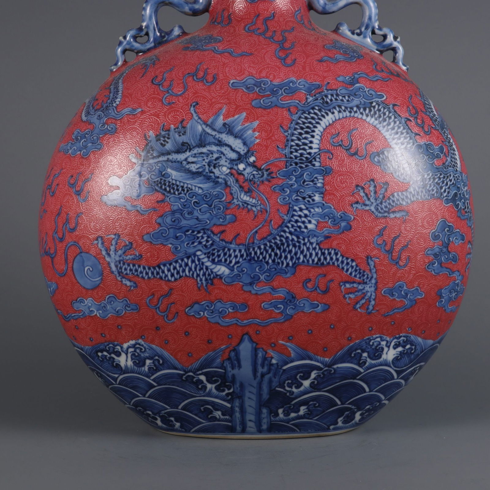A Exquisite Blue and White Ruby Red-Glazed Auspicious Cloud Pattern Dragon Pattern Double-Ears Vase - 5