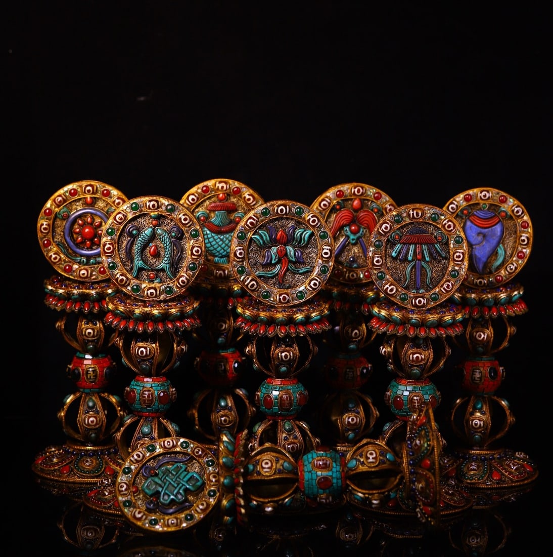 A Set of Fine Silver Inlaid Gems Eight Treasures Pattern Ornament: A Set of Fine Silver Inlaid Gems Eight Treasures Pattern Ornament Qing Dynasty, China Size:29cmx11.5cm Weight:7500g (The Dimensions Of All Batches Are Manually Measured.If You Need More Detailed