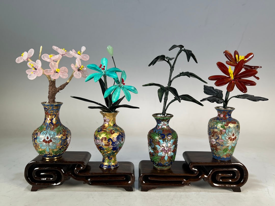 A Set of Fine Cloisonne Inlaid Serpentine Jade Flower Pattern Bonsai (1 of 9)