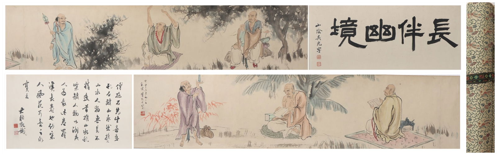 A Chinese Hand Scroll Ink Painting of Statue of Arhat on Paper: A Chinese Hand Scroll Ink Painting of Statue of Arhat on Paper Fu baoshi Size:384cmx32cm (The Dimensions Of All Batches Are Manually Measured.If You Need More Detailed Information, Please Contact