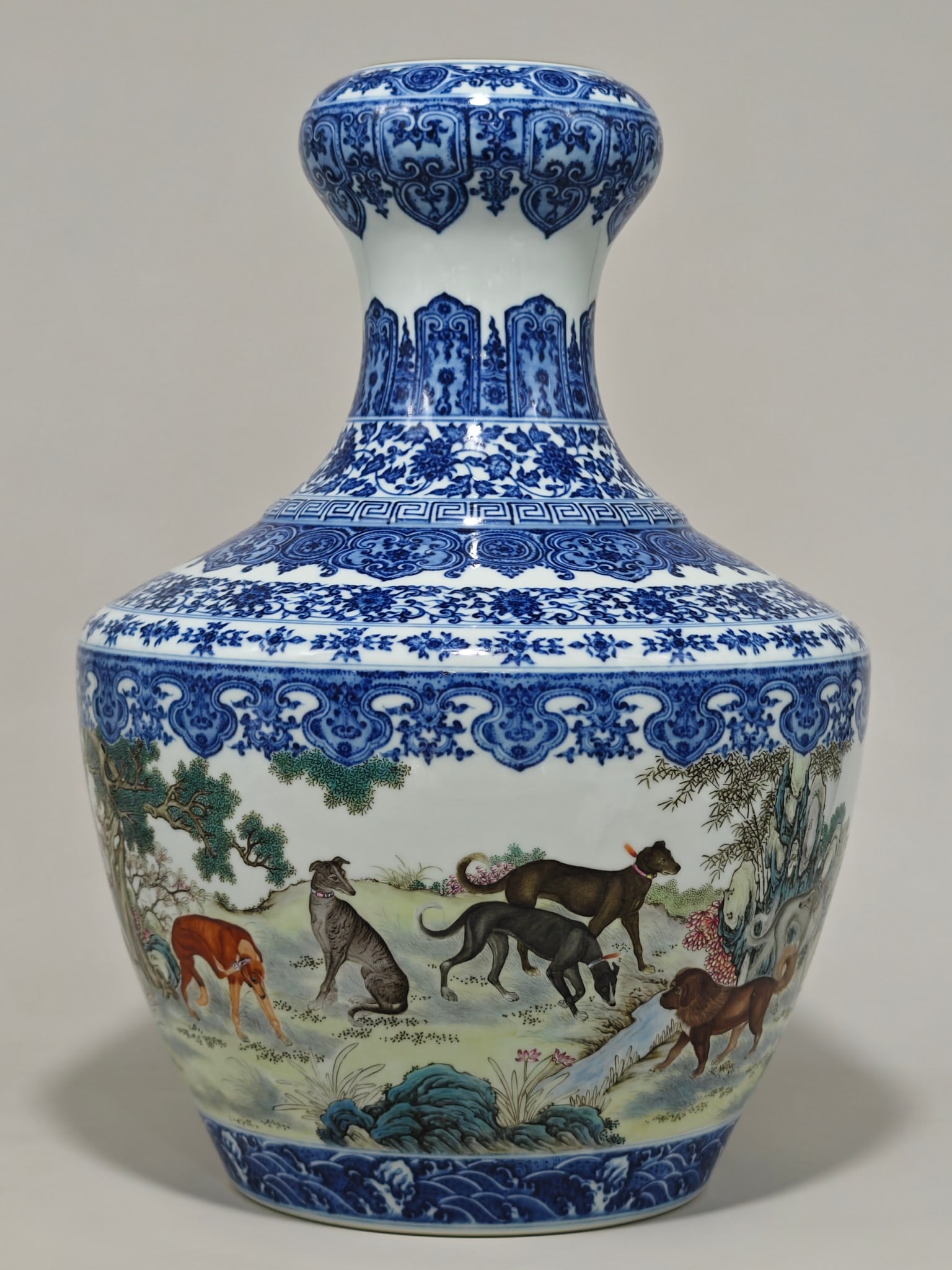 An Exquisite Famille-Rose Blue and White Lotus Pattern Dog Pattern Seawater Pattern with poem Vase: An Exquisite Famille-Rose Blue and White Lotus Pattern Dog Pattern Seawater Pattern with poem Vase Qing Dynasty, China Qianlong Six-character Mark Size:43cmx31cm (The Dimensions Of All Batches Are