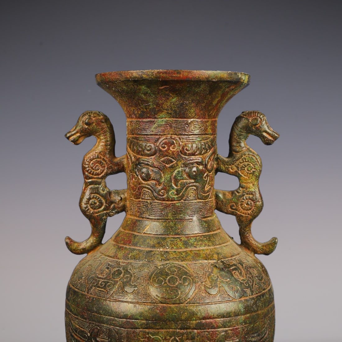 An Exquisite Bronze Beast-Face Pattern Double-Ears Vase - 2