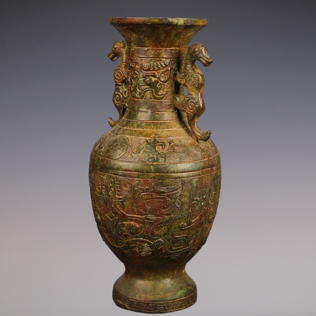 An Exquisite Bronze Beast-Face Pattern Double-Ears Vase - 4