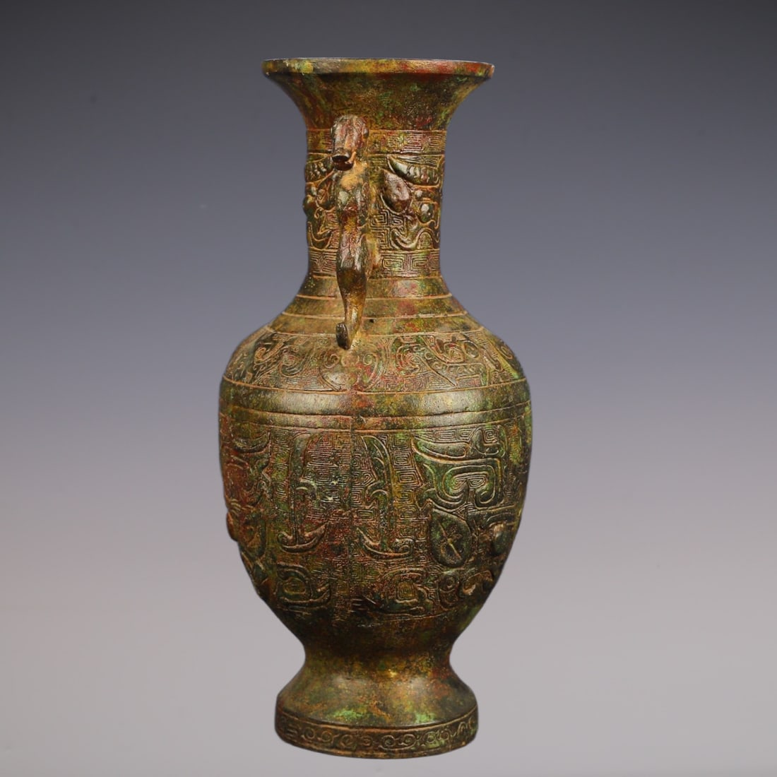 An Exquisite Bronze Beast-Face Pattern Double-Ears Vase - 5