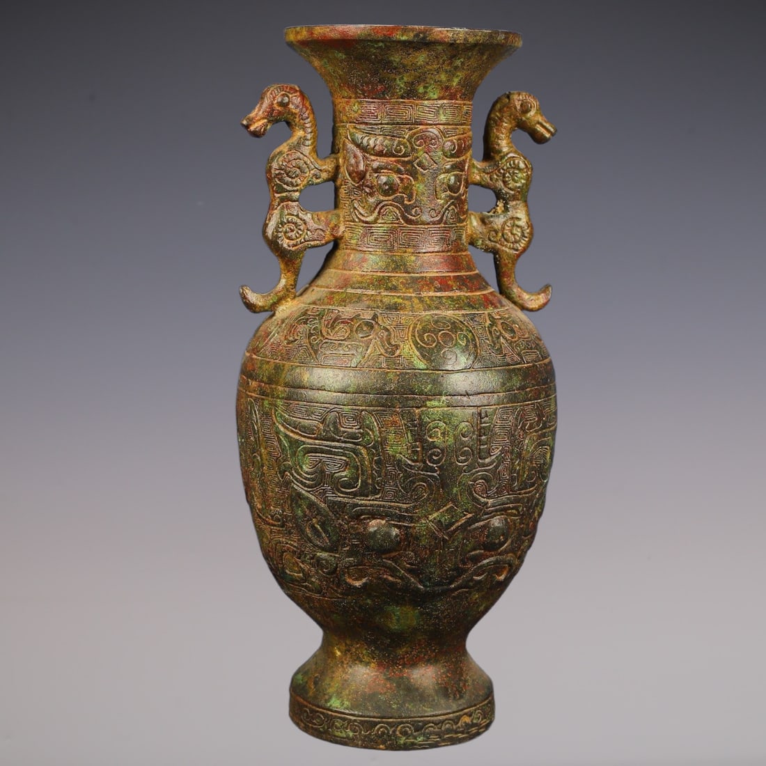 An Exquisite Bronze Beast-Face Pattern Double-Ears Vase - 6