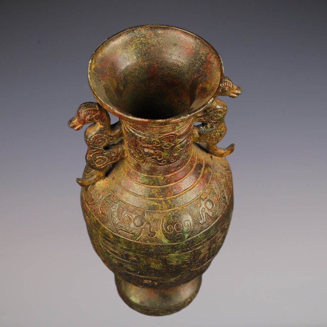 An Exquisite Bronze Beast-Face Pattern Double-Ears Vase - 7