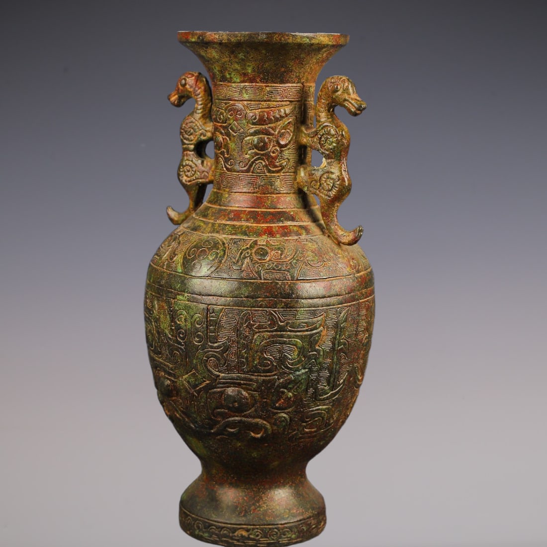 An Exquisite Bronze Beast-Face Pattern Double-Ears Vase - 8